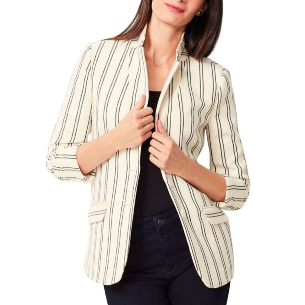 Talbots NWOT Aberdeen Knit Blazer Textured Ponte Stripe Cream Navy Size 16